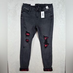 NWT Judy Blue Distressed Black Skinny Jeans with Red Accents Plaid Lined